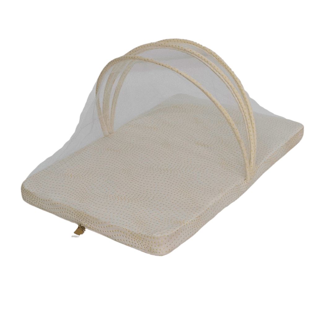 Beige baby mattress with mesh cover on a white background