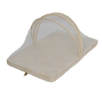 Beige baby mattress with mesh cover on a white background
