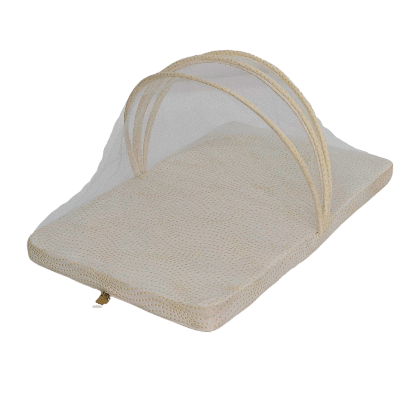 Beige baby mattress with mesh cover on a white background