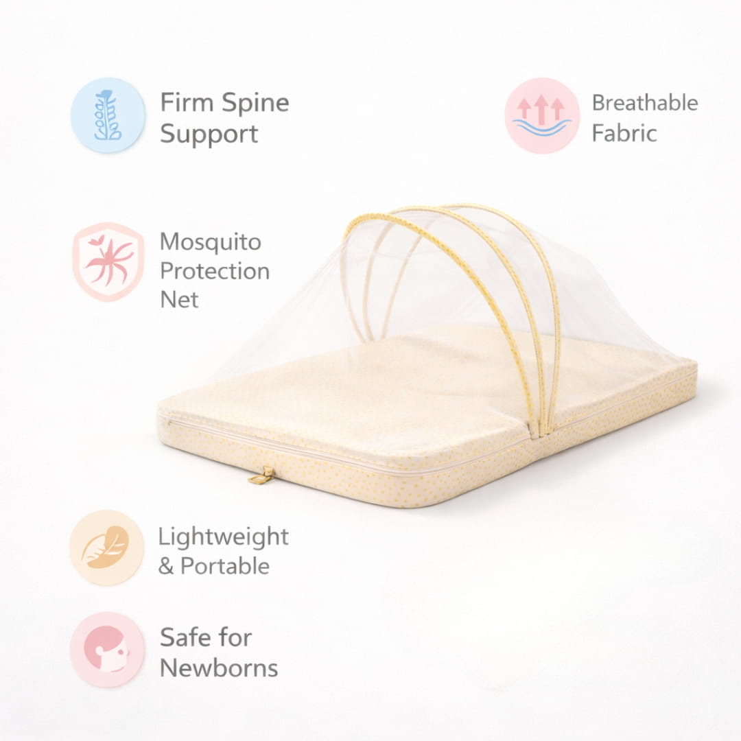 Baby mattress with mosquito protection net and features listed on a white background