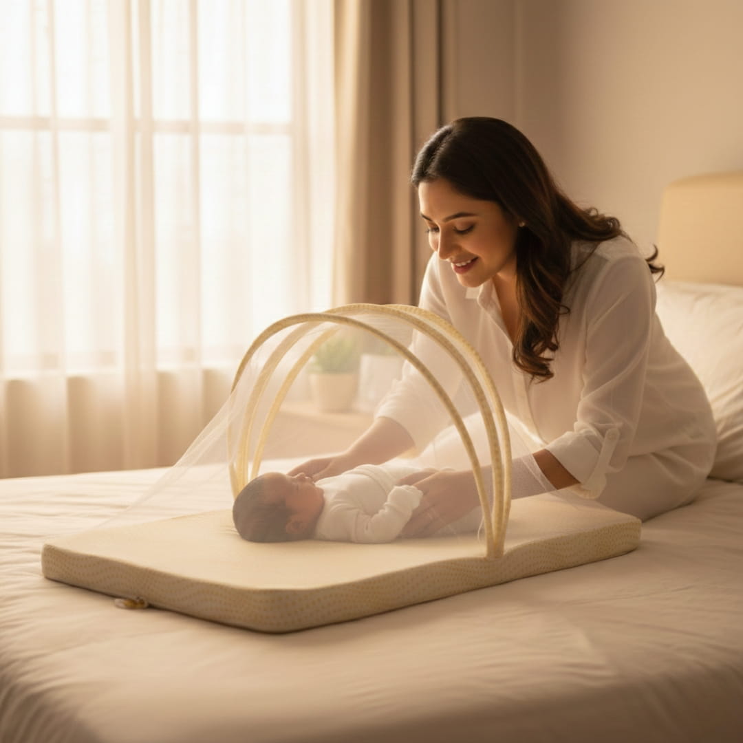 Woman tending to a baby under a baby mattress in a softly lit bedroom.