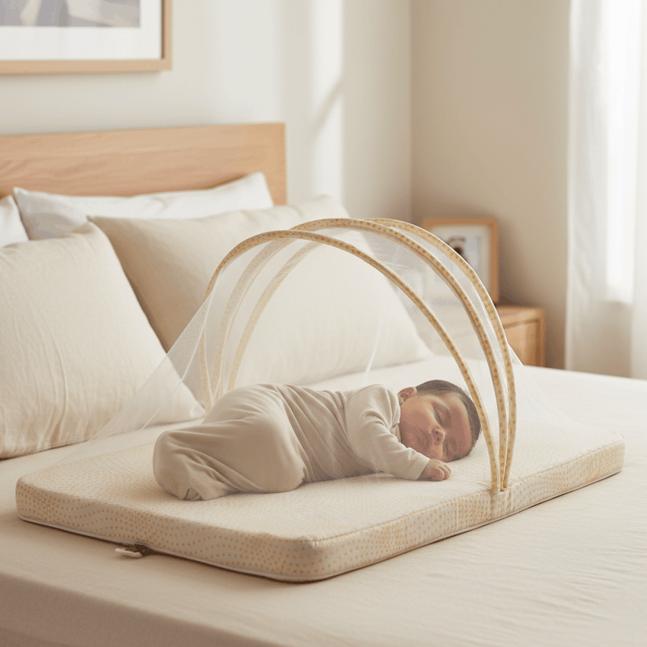 Baby sleeping in a portable crib on a bed with beige bedding.