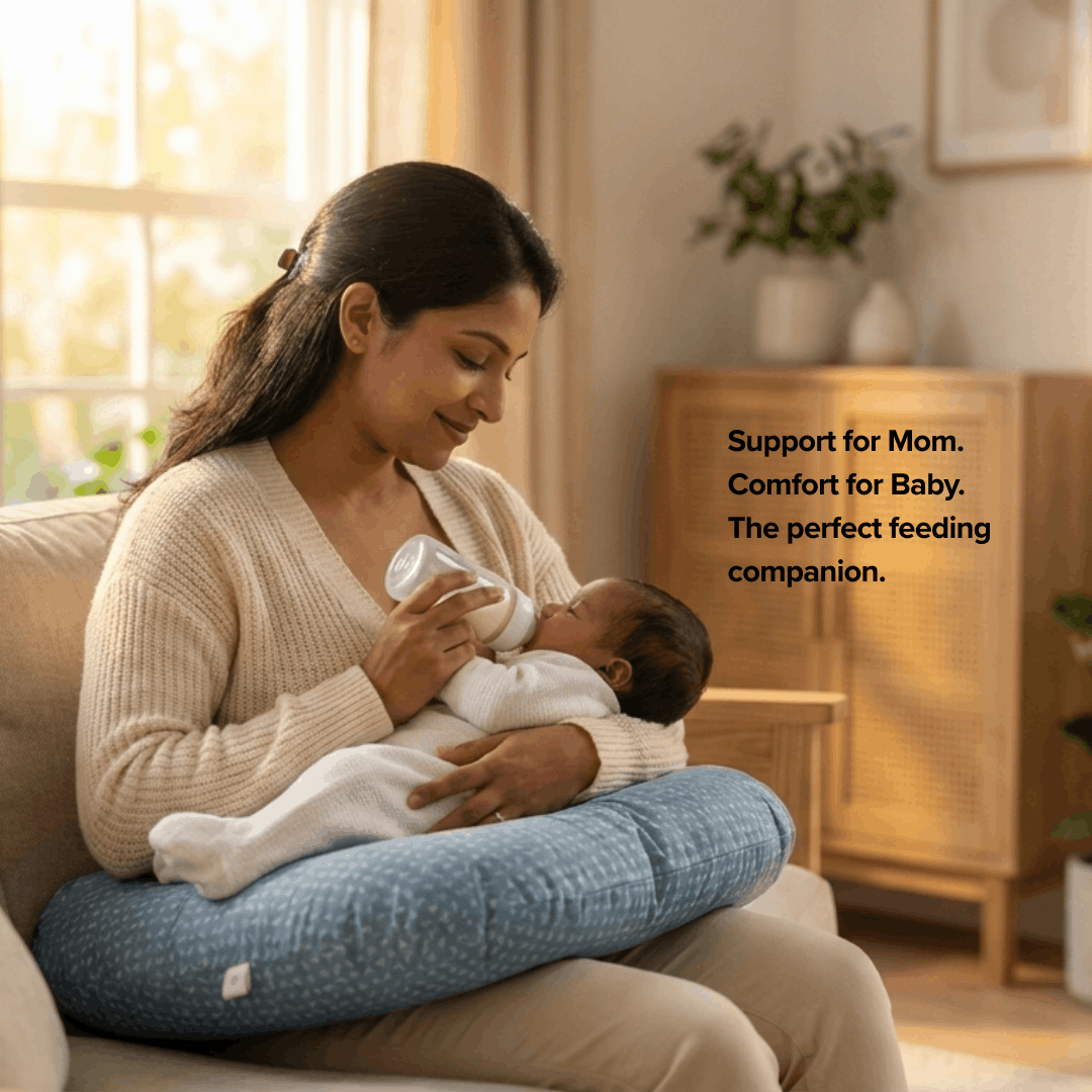 Woman holding a baby while using a nursing pillow in a cozy living room.