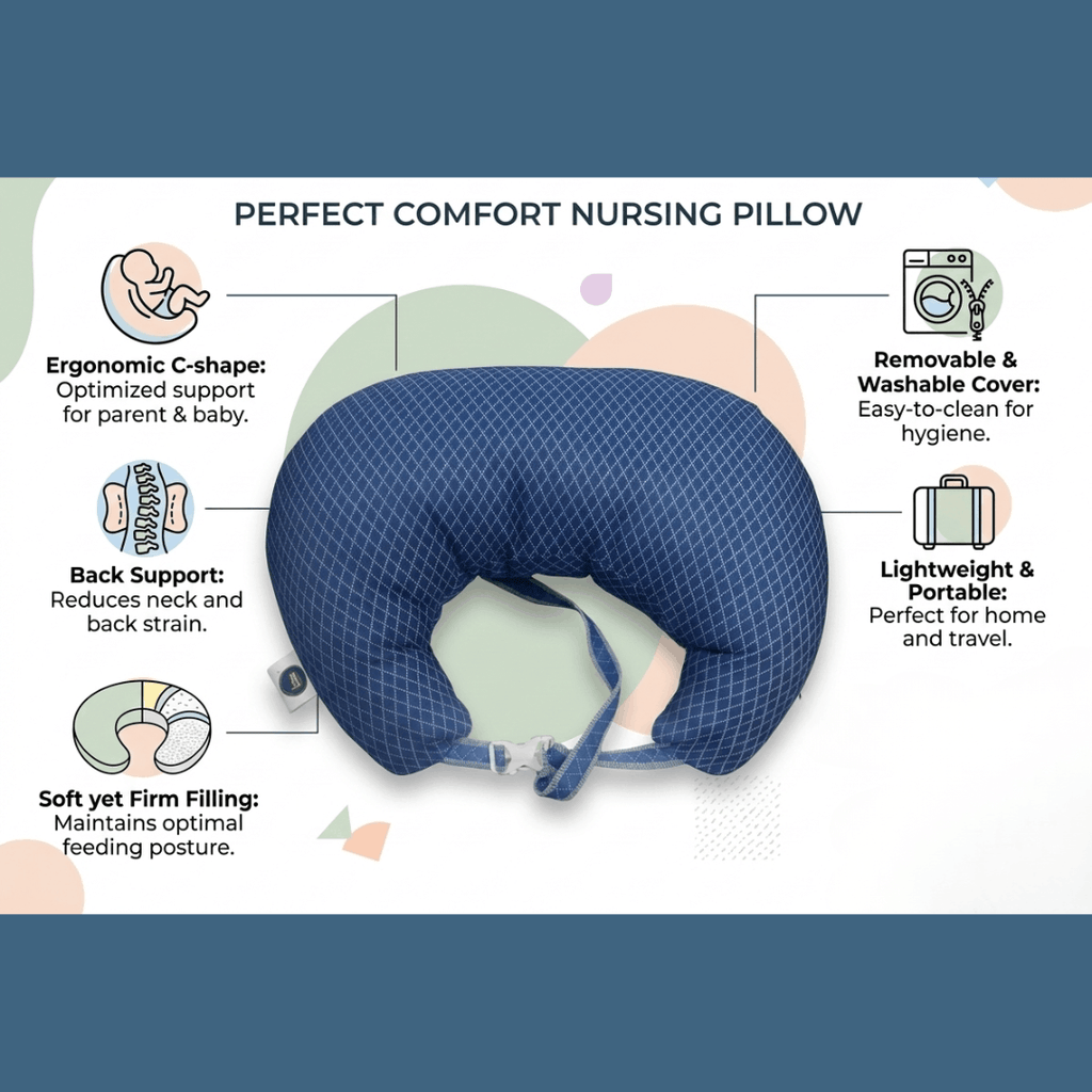 Nursing pillow with features listed on a white background