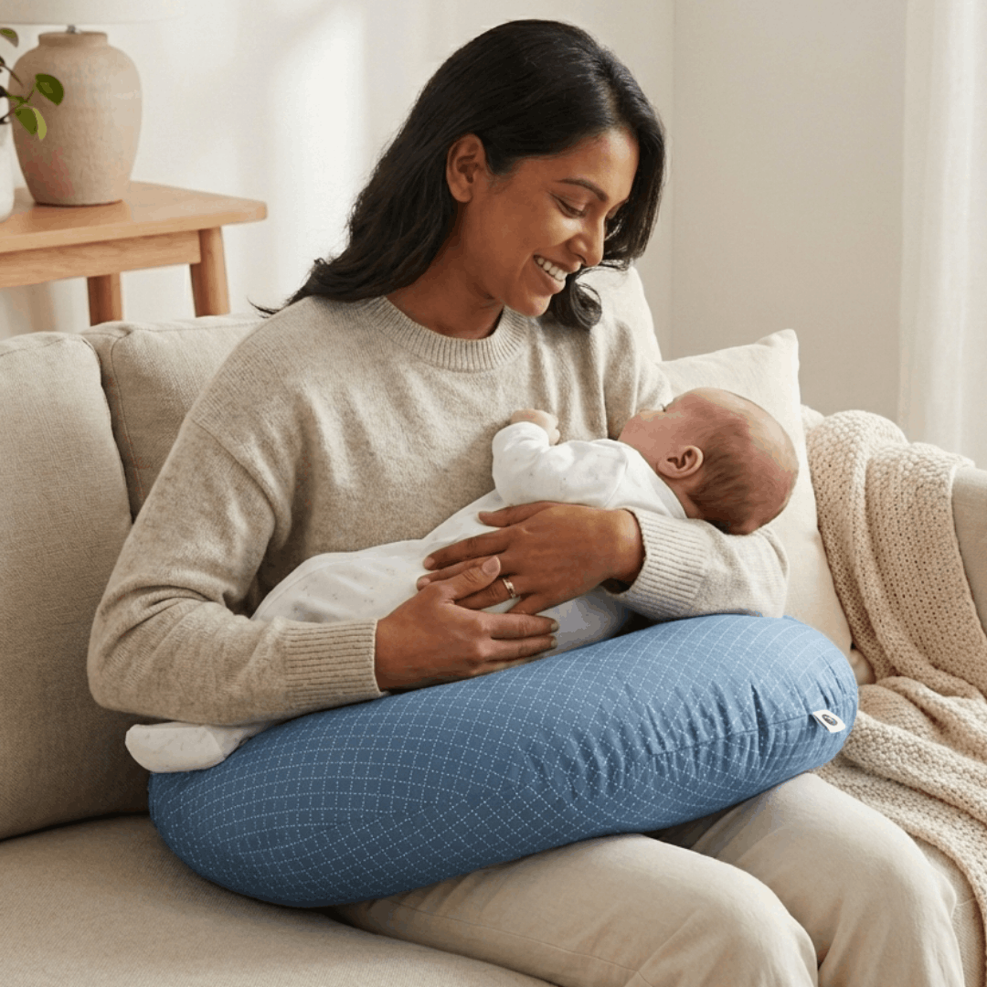 Woman holding a baby on a couch with a Baby Feeding Pillow