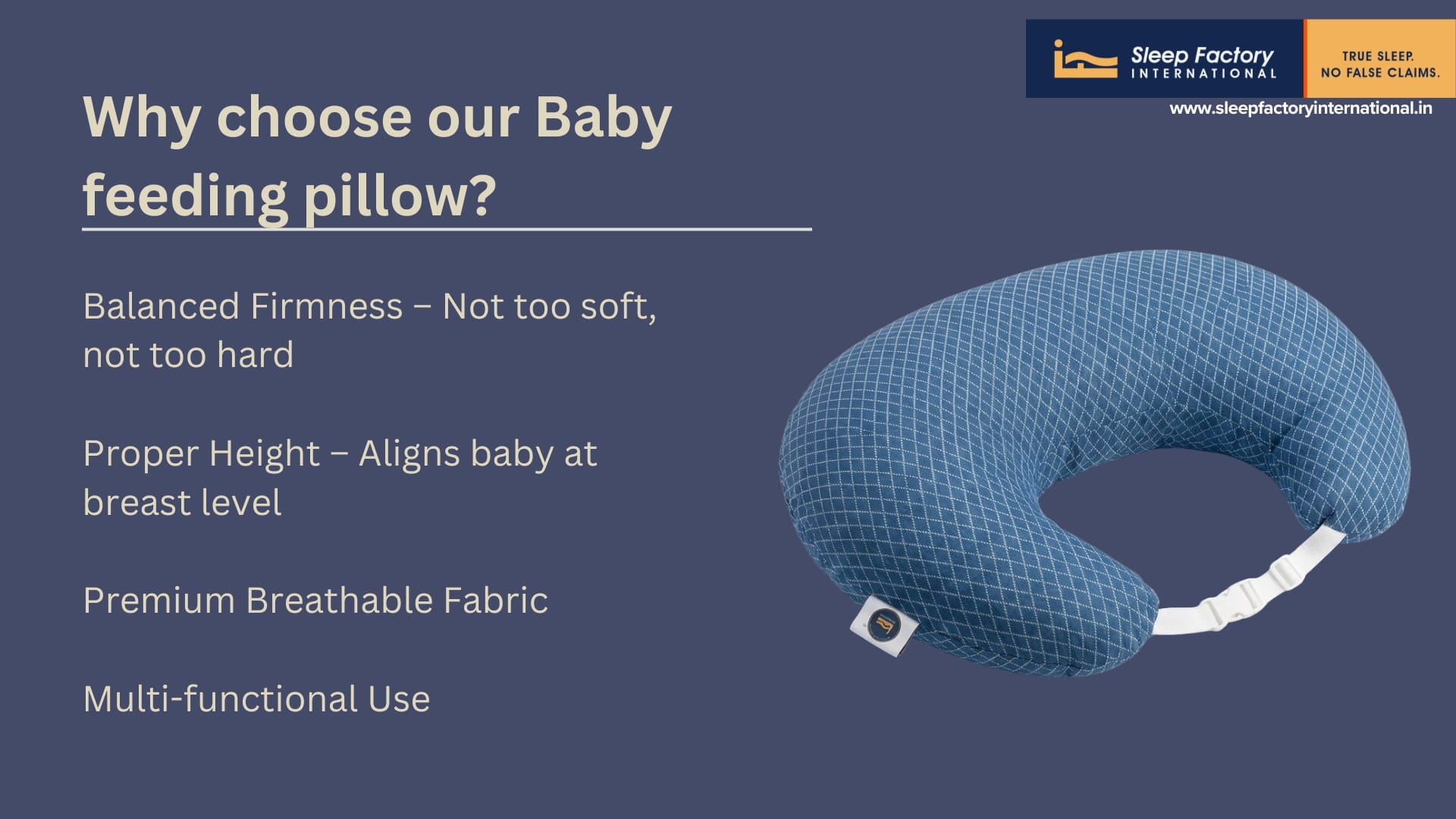 Baby feeding pillow with features listed on a blue background