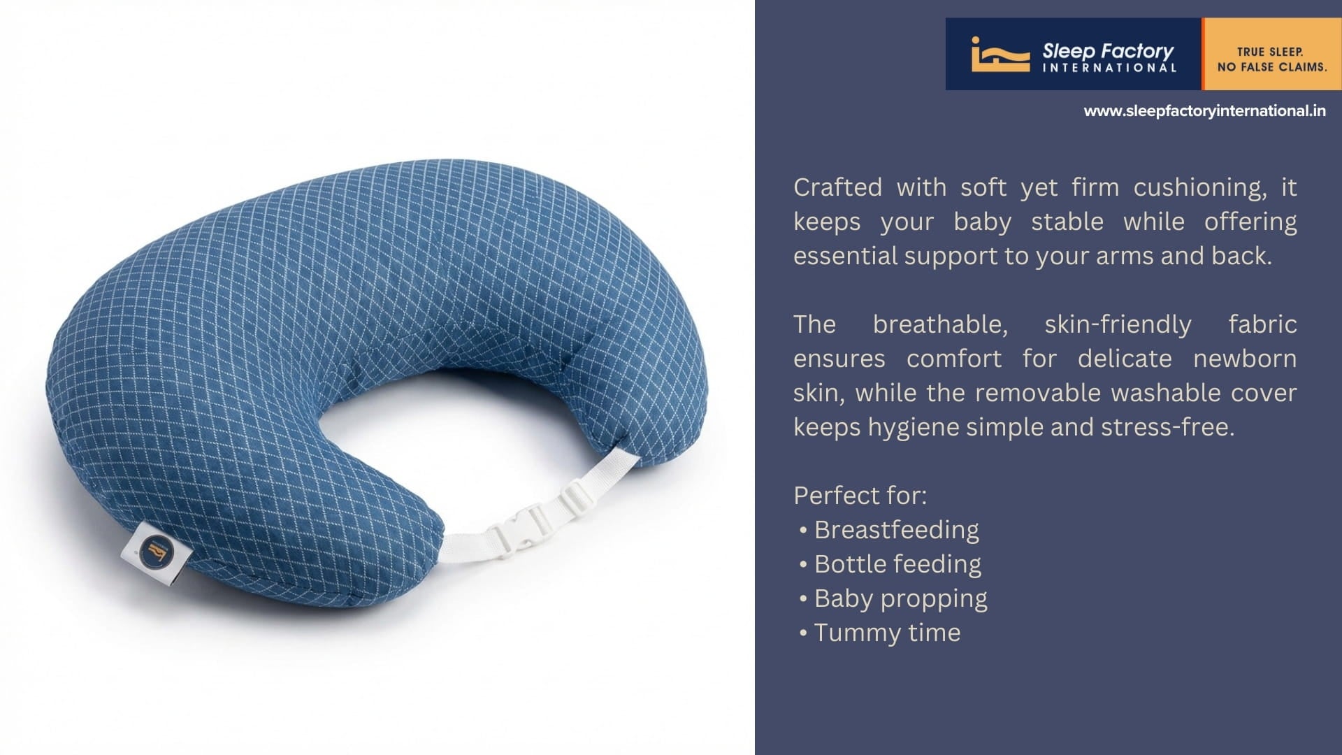 Blue baby pillow with text on a white and blue background
