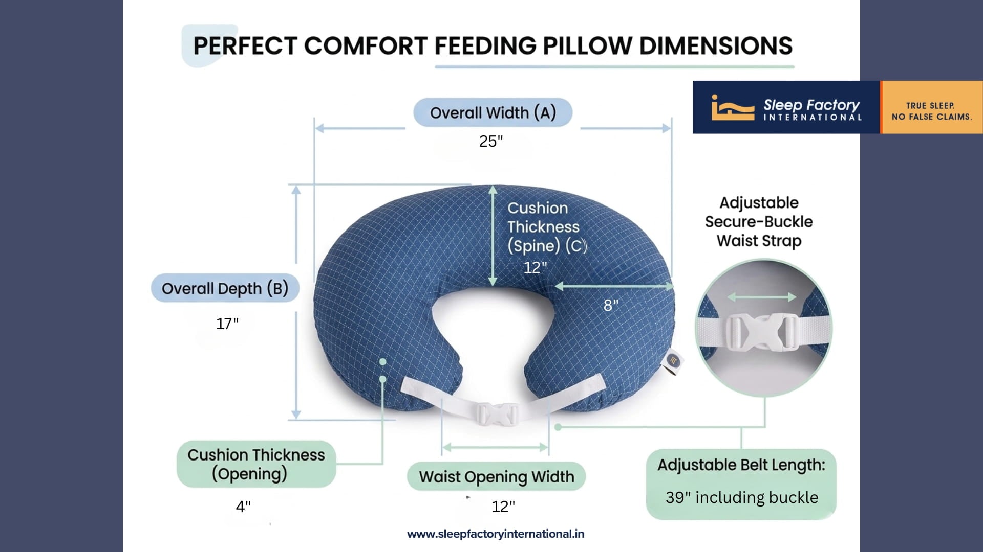 Measurement chart for a Perfect Comfort Feeding Pillow with Sleep Factory International branding.