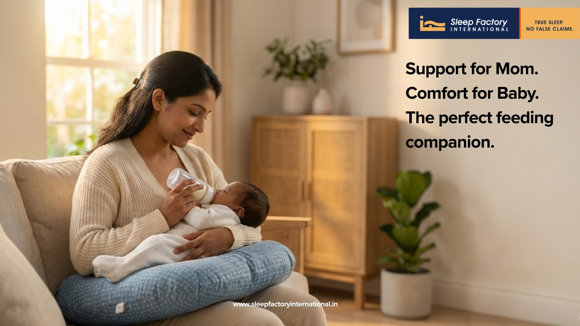 Woman feeding a baby with a bottle in a cozy living room setting, with a Sleep Factory International advertisement.