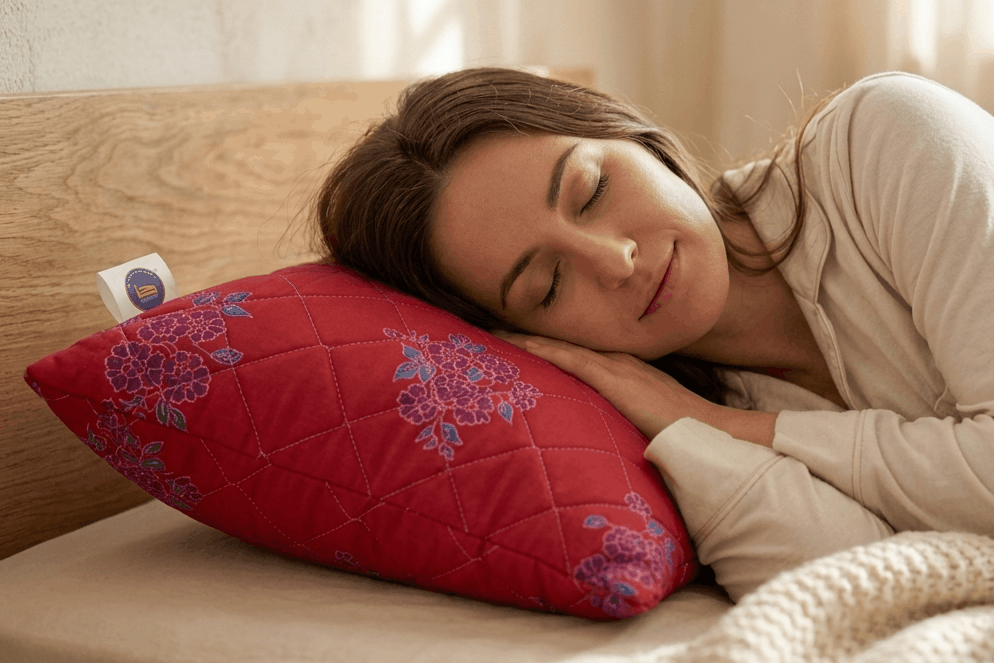 Woman lying on a bed with a red pillow and beige blanket