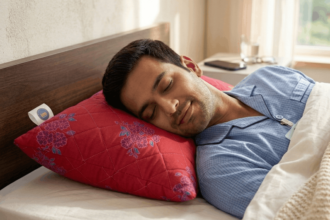 Man sleeping on a bed with a red pillow and beige blanket