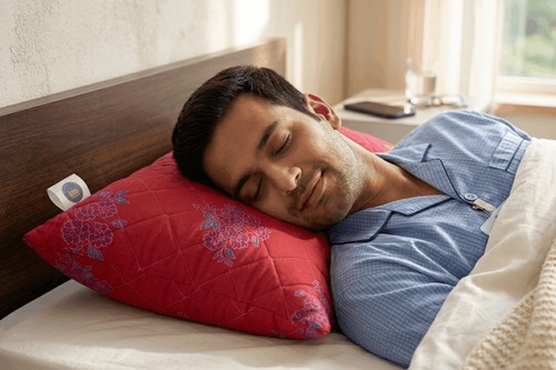 Man sleeping on a bed with a red pillow and beige blanket