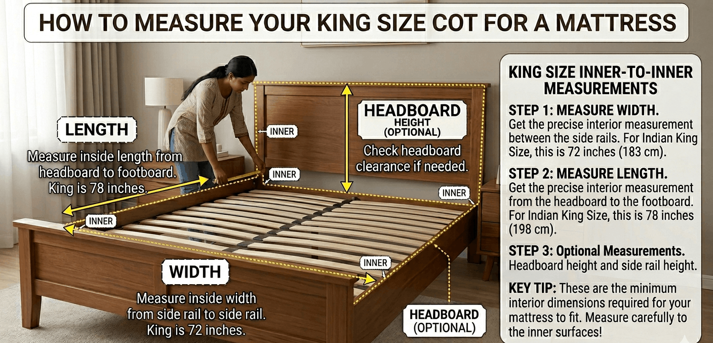 Infographic on measuring a king size cot for a mattress with text and measurements.