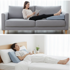 Woman reading on a gray sofa with a blue pillow and another woman lying on a bed with a similar blue pillow.