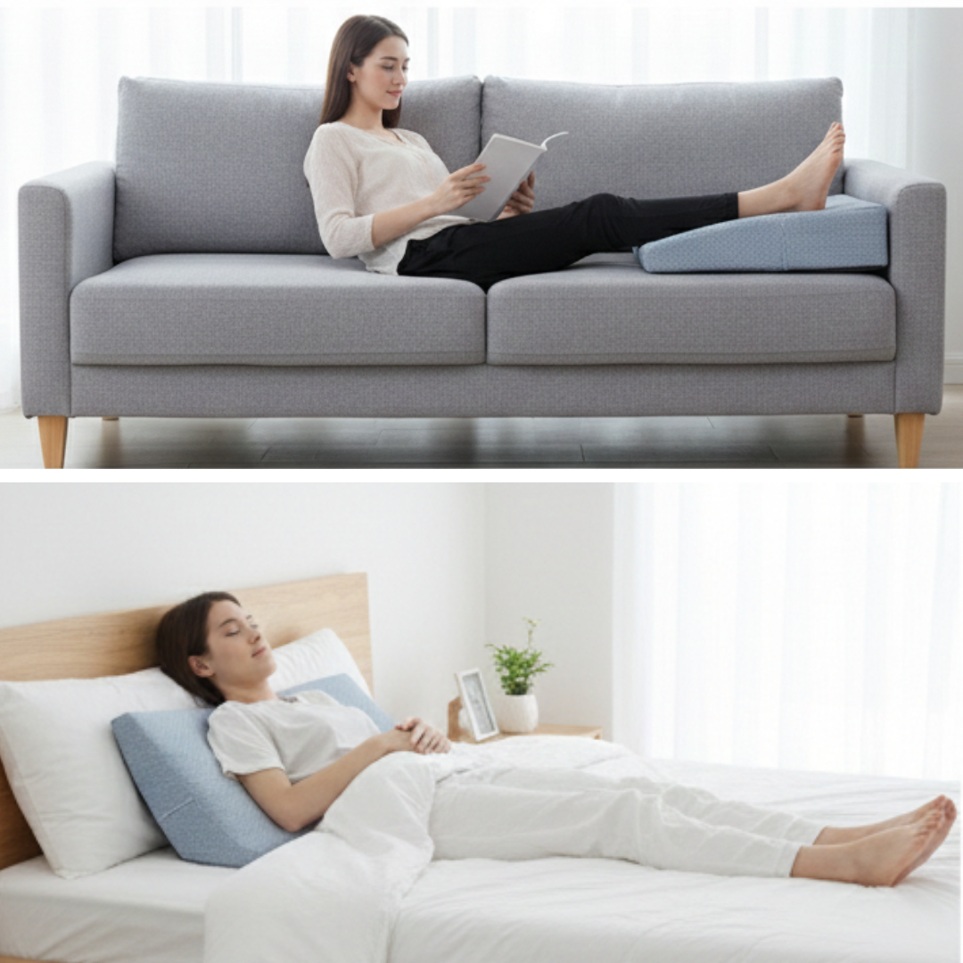 Woman reading on a gray sofa with a blue pillow and another woman lying on a bed with a similar blue pillow.