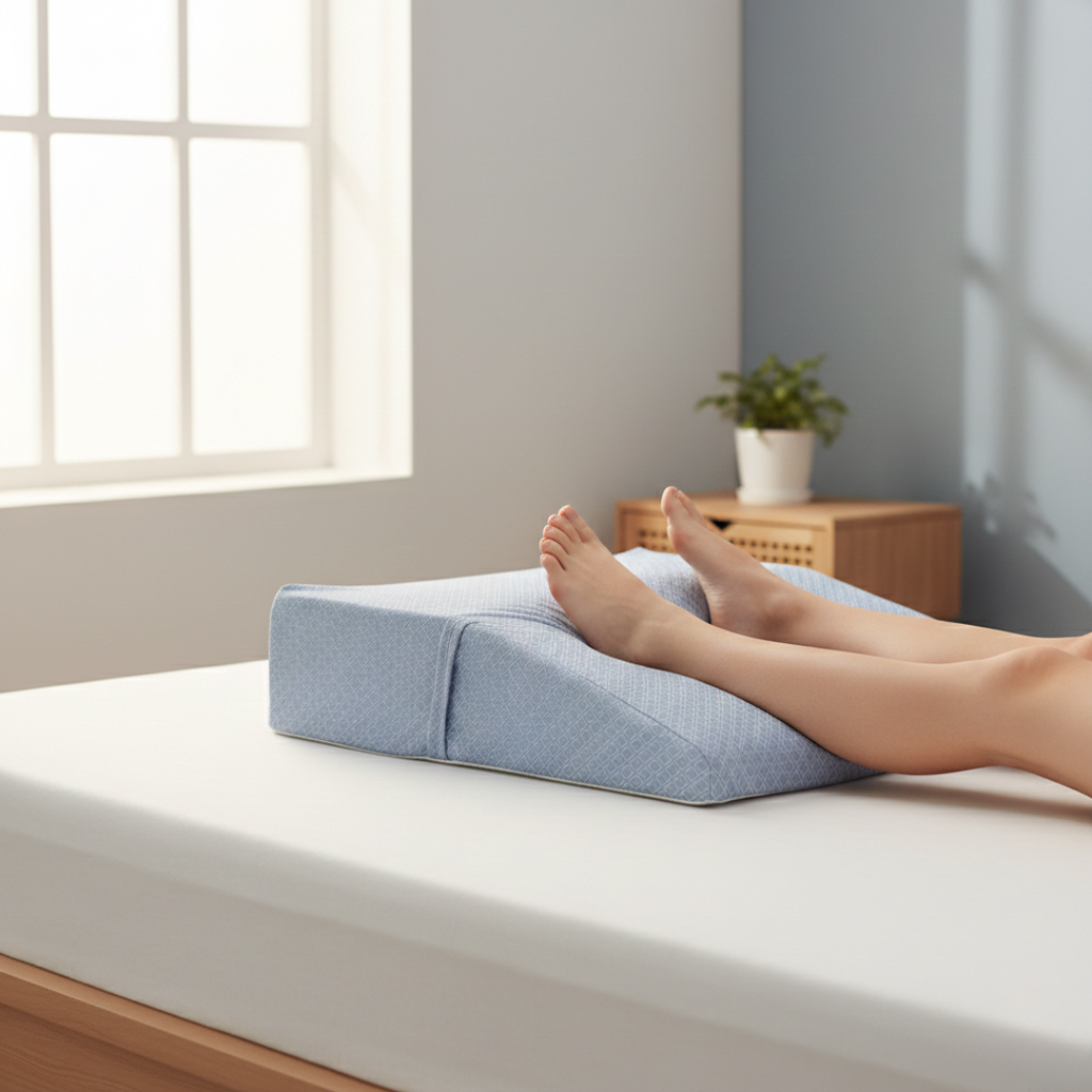 Person using a blue wedge pillow on a bed in a bright room with a plant in the background.