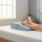 Person using a blue wedge pillow on a bed in a bright room with a plant in the background.