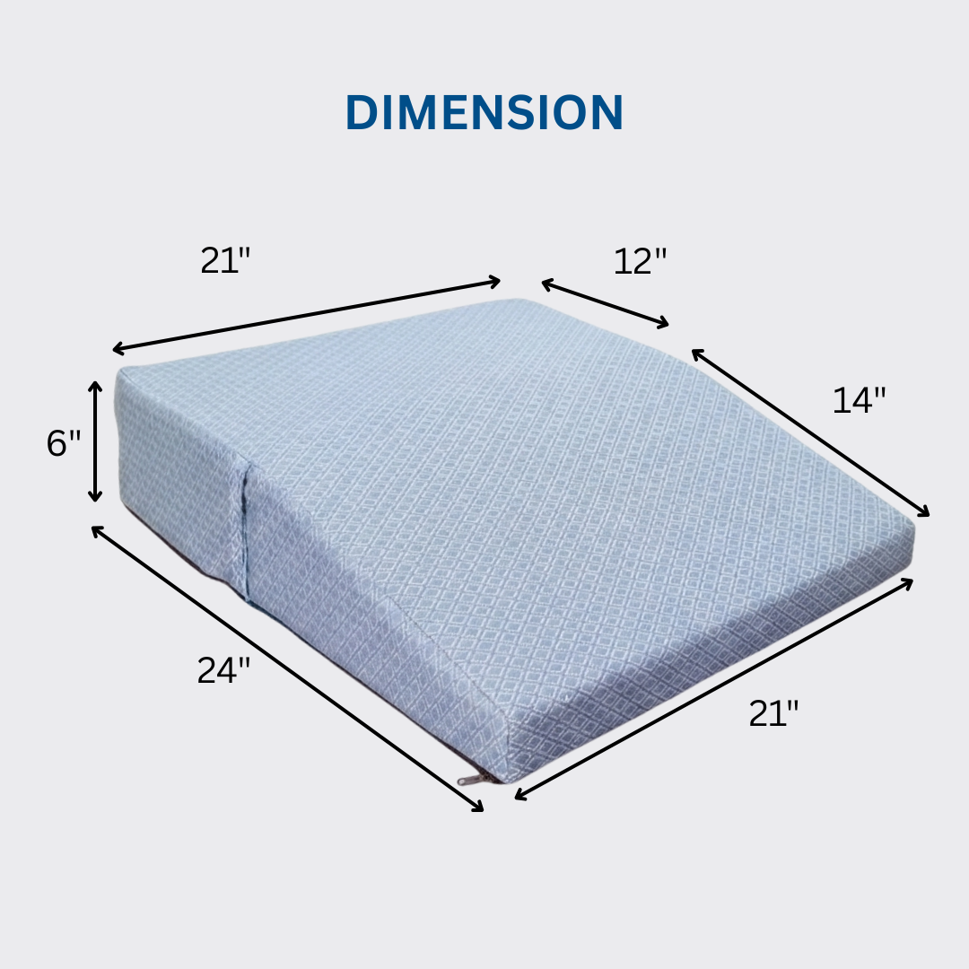 Blue foam cushion with dimensions labeled on a white background