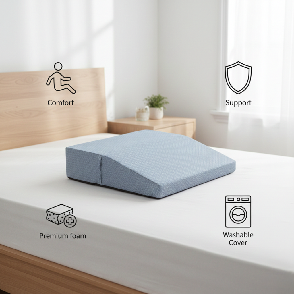 Blue wedge pillow on a bed with icons indicating comfort, support, premium foam, and washable cover.