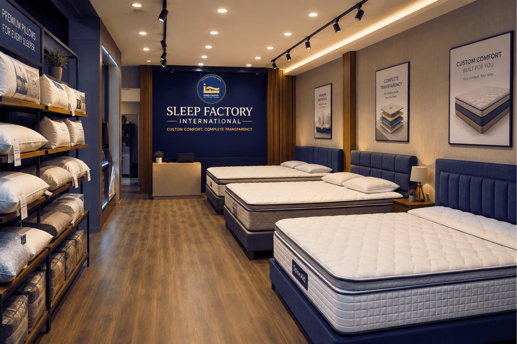 Mattress display in a Sleep Factory store with branded bedding and furniture.