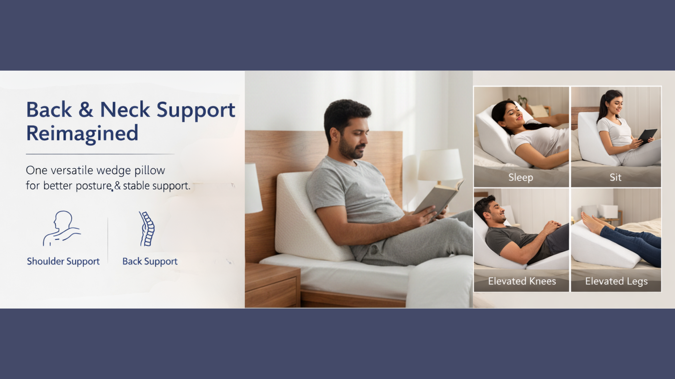 Man using a wedge pillow for back and neck support in various positions, with text highlighting product features.
