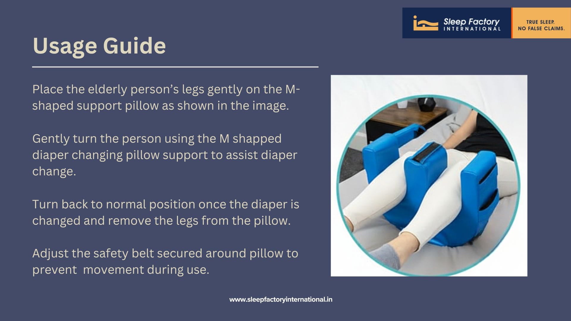 Usage guide for an M-shaped support pillow with a blue border and Sleep Factory International logo.