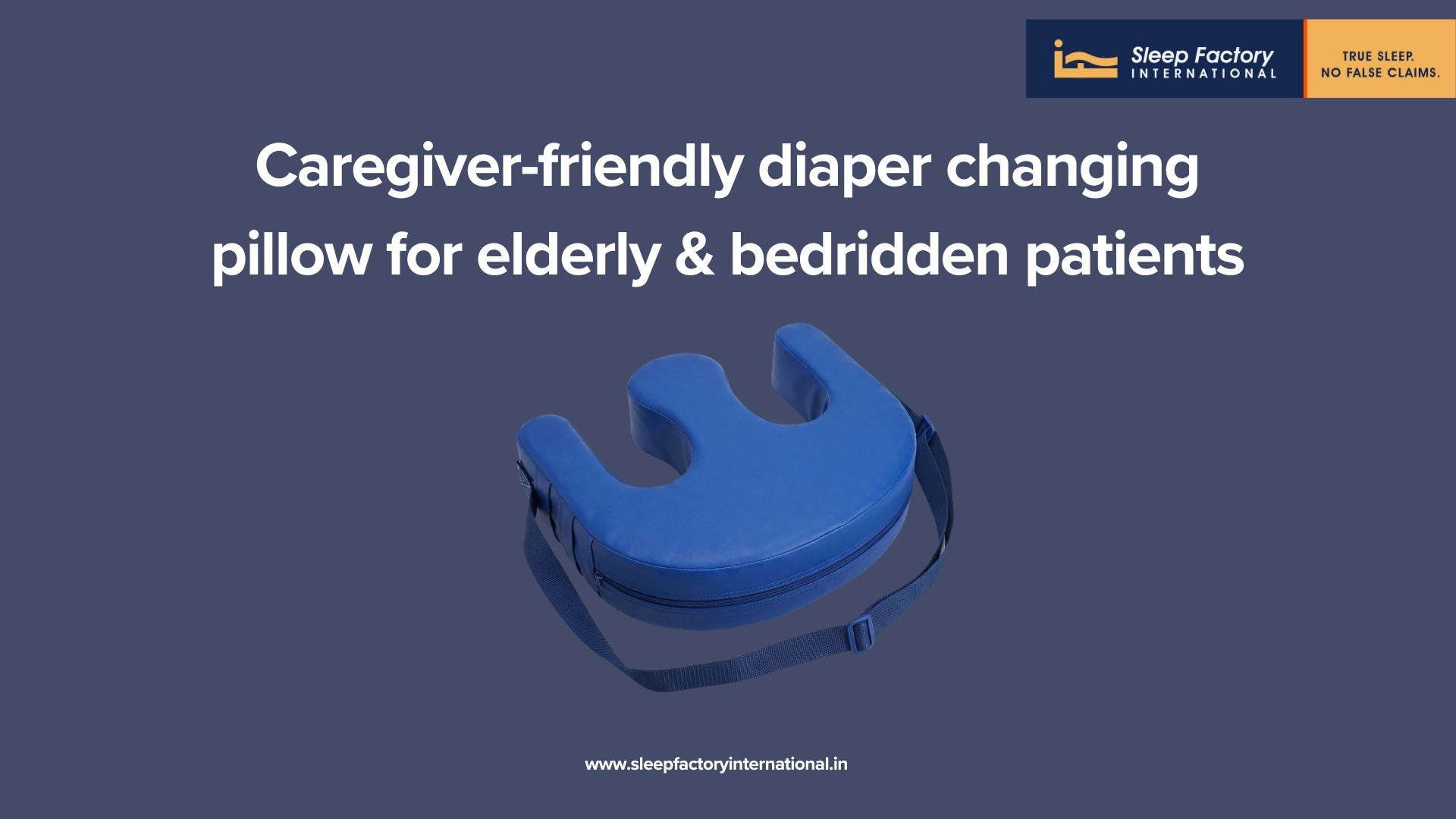 Blue caregiver-friendly diaper changing pillow on a dark blue background with Sleep Factory International branding.